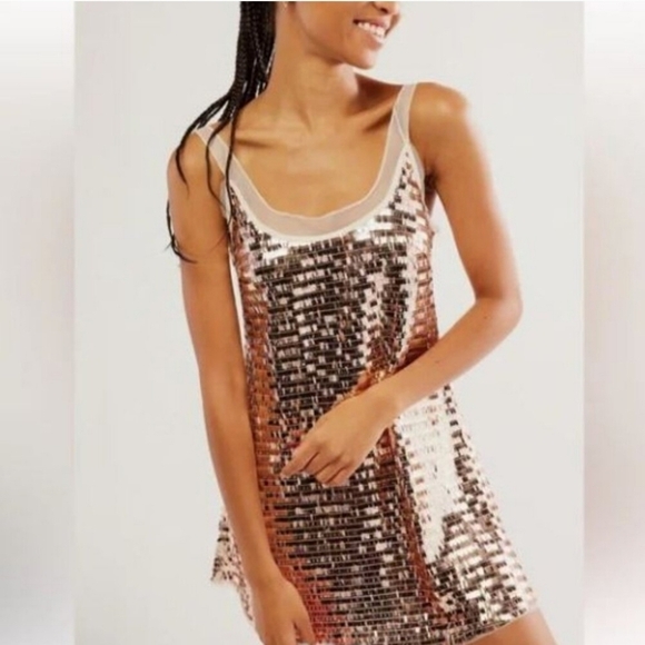 New Free People Intimately Disco Fever Sequins Mesh Gold Mini Slip Dress Large - Picture 1 of 13